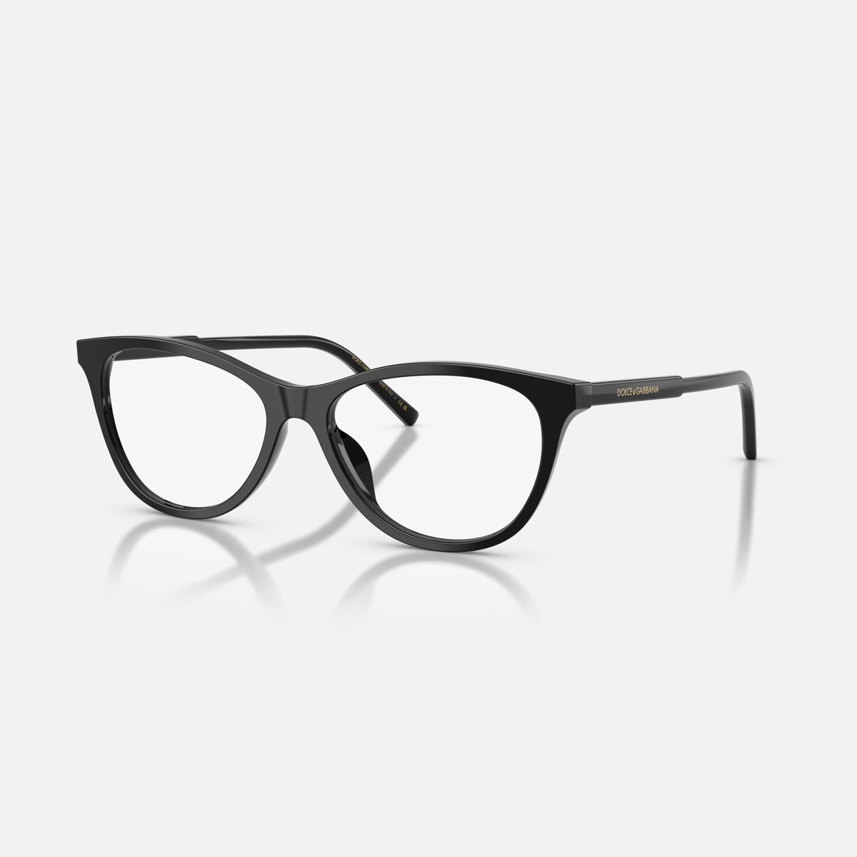 Dolce & Gabbana DG3443 501 eyeglasses, black cat eye frame for women, plain integrated bridge, brand lettering on temples
