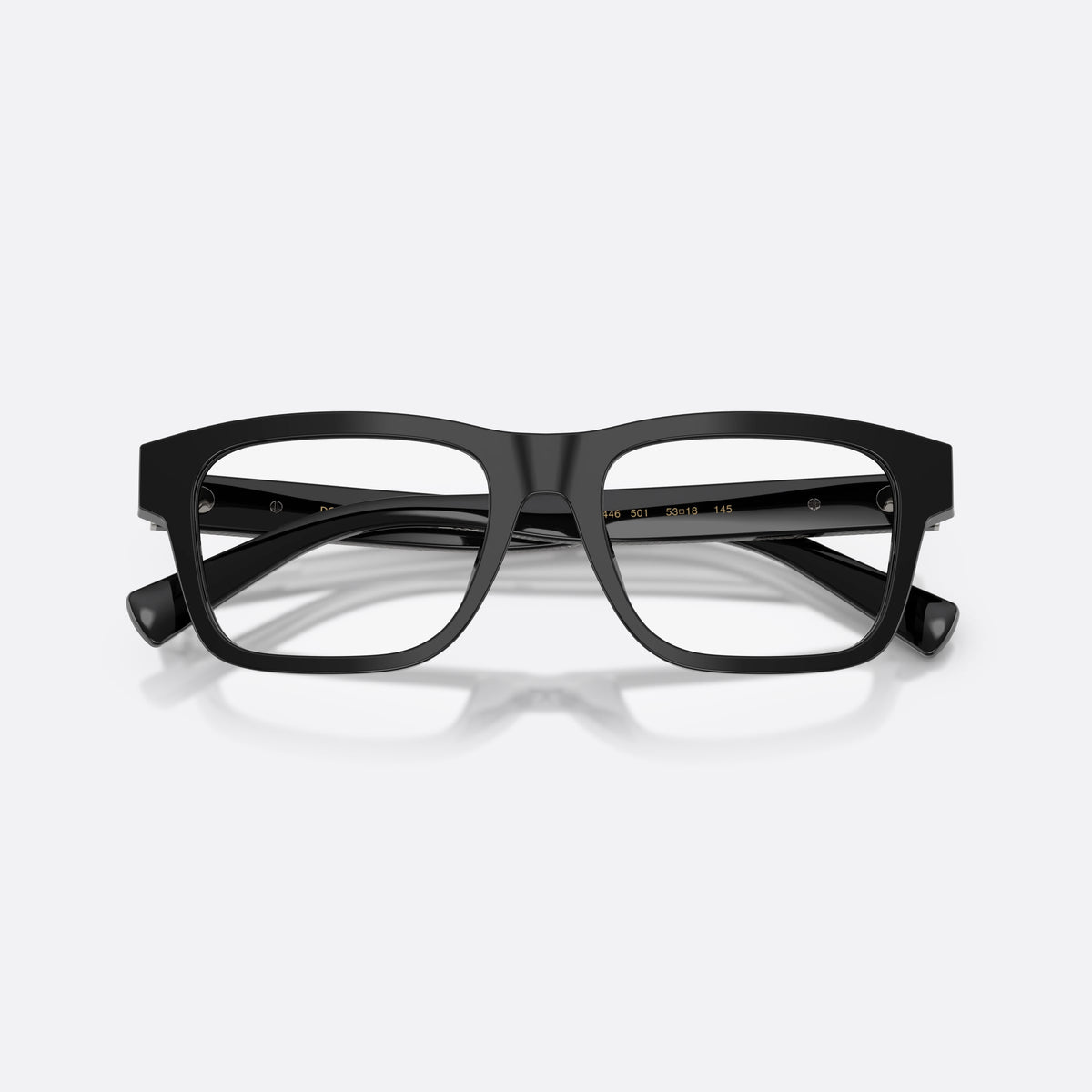 Dolce & Gabbana DG3446 501 eyeglasses, black rectangle frame for men, plain bridge, solid acetate, brand lettering on temples, folded
