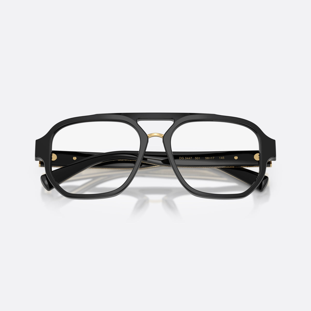 Dolce & Gabbana DG3447 501 eyeglasses, black pilot frame for men, double bridge with top bar, full-rim frame, folded