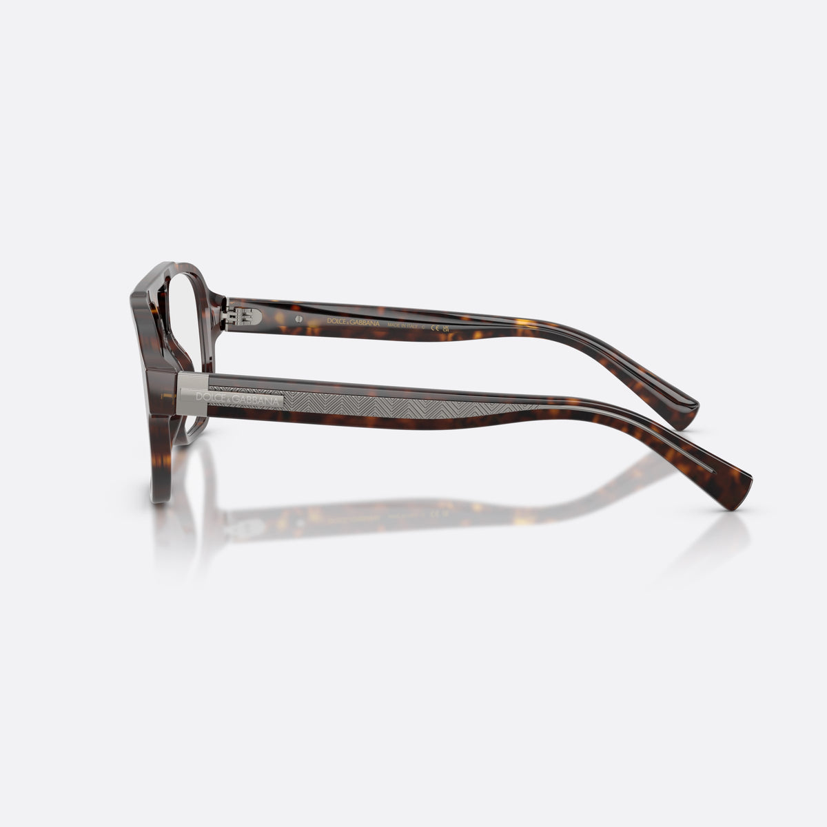 Dolce & Gabbana DG3447 502 eyeglasses, havana pilot frame for men, brand lettering on temples, wide temples with textured panel, side view
