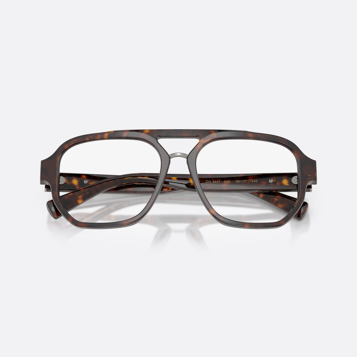 Dolce & Gabbana DG3447 502 eyeglasses, havana pilot frame for men, brand lettering on temples, wide temples with textured panel, folded