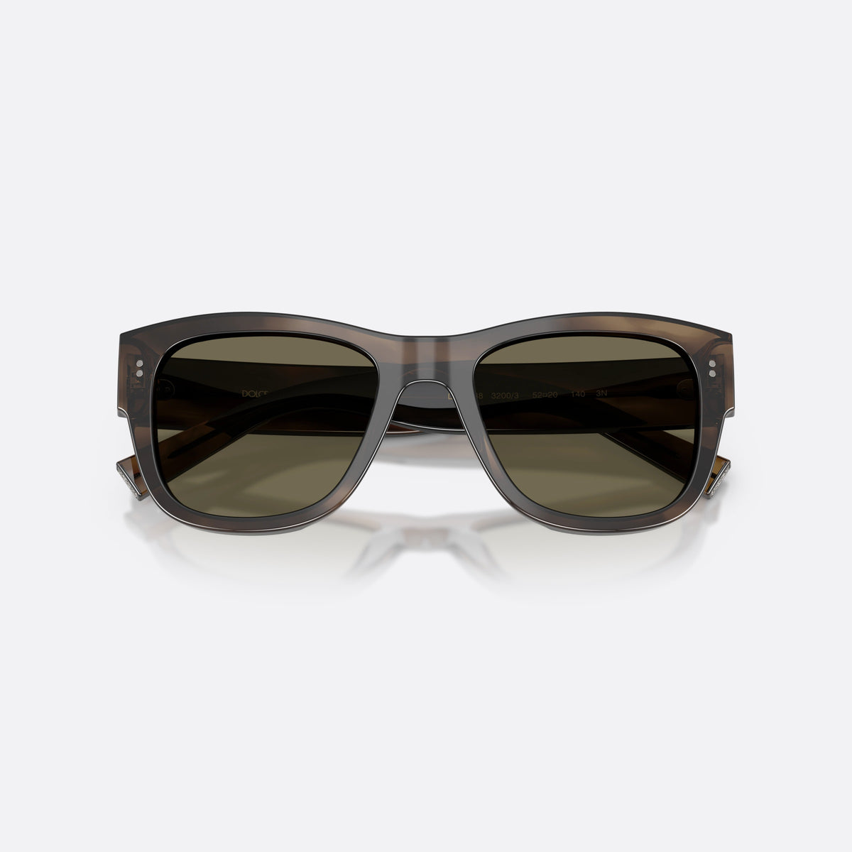 Dolce & Gabbana DG4338 3200/3 sunglasses, green square frame for men, plain bridge, brand lettering on temples, full-rim frame, folded