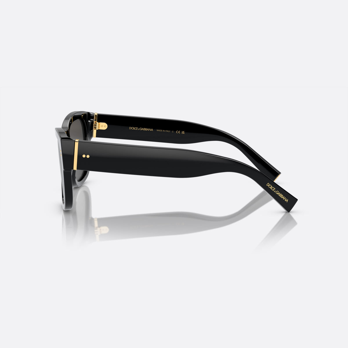 Dolce & Gabbana DG4338 501/87 sunglasses, black square frame for men, plain bridge, brand lettering on temples, full-rim frame, side view
