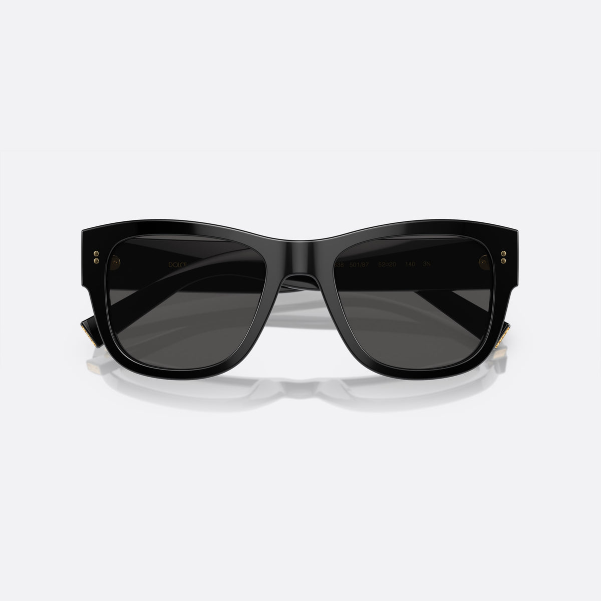Dolce & Gabbana DG4338 501/87 sunglasses, black square frame for men, plain bridge, brand lettering on temples, full-rim frame, folded