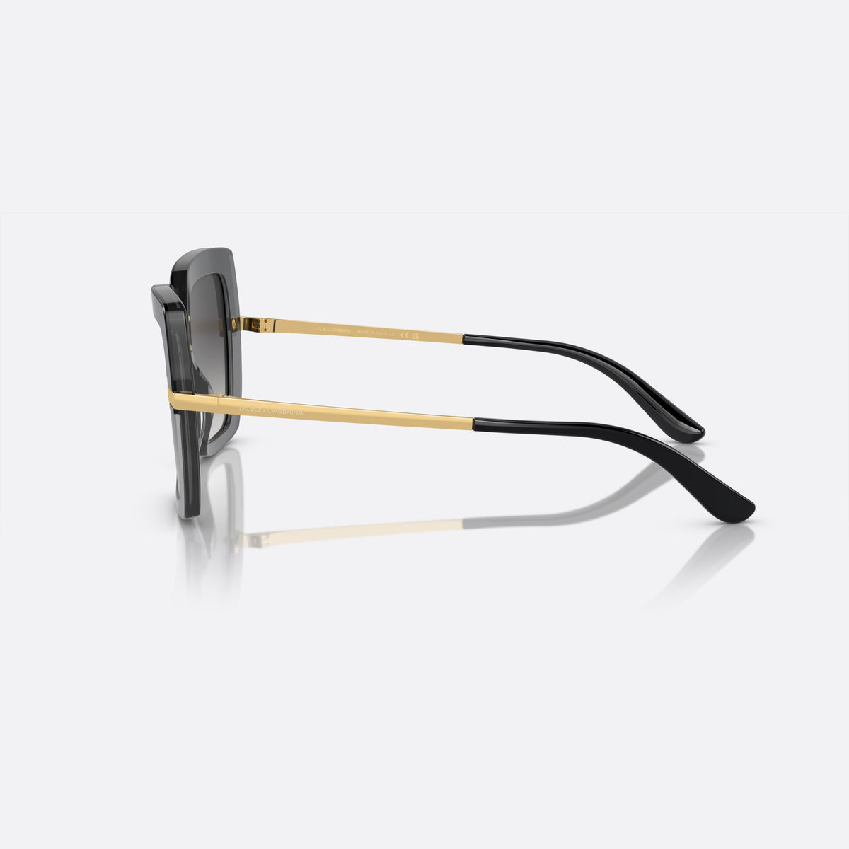 Dolce & Gabbana DG4373 3246/8G sunglasses, black square frame for women, metal bridge with gold-tone finish, gradient tinted lenses, side view