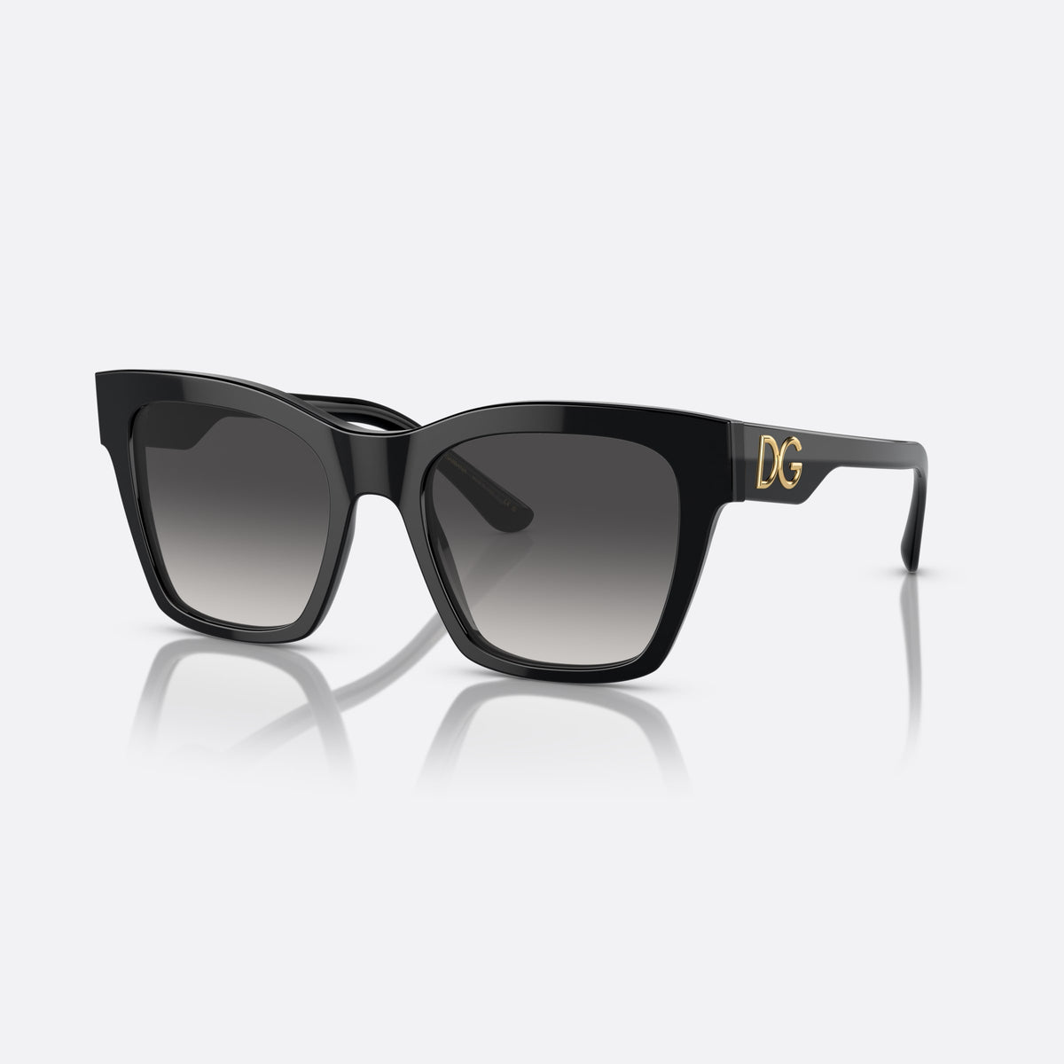 Dolce & Gabbana DG4384 501/8G sunglasses, black square frame for women, plain bridge, brand logo on temple, wide tapered temples