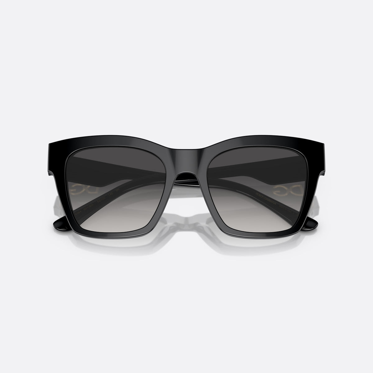 Dolce & Gabbana DG4384 501/8G sunglasses, black square frame for women, plain bridge, brand logo on temple, wide tapered temples, folded
