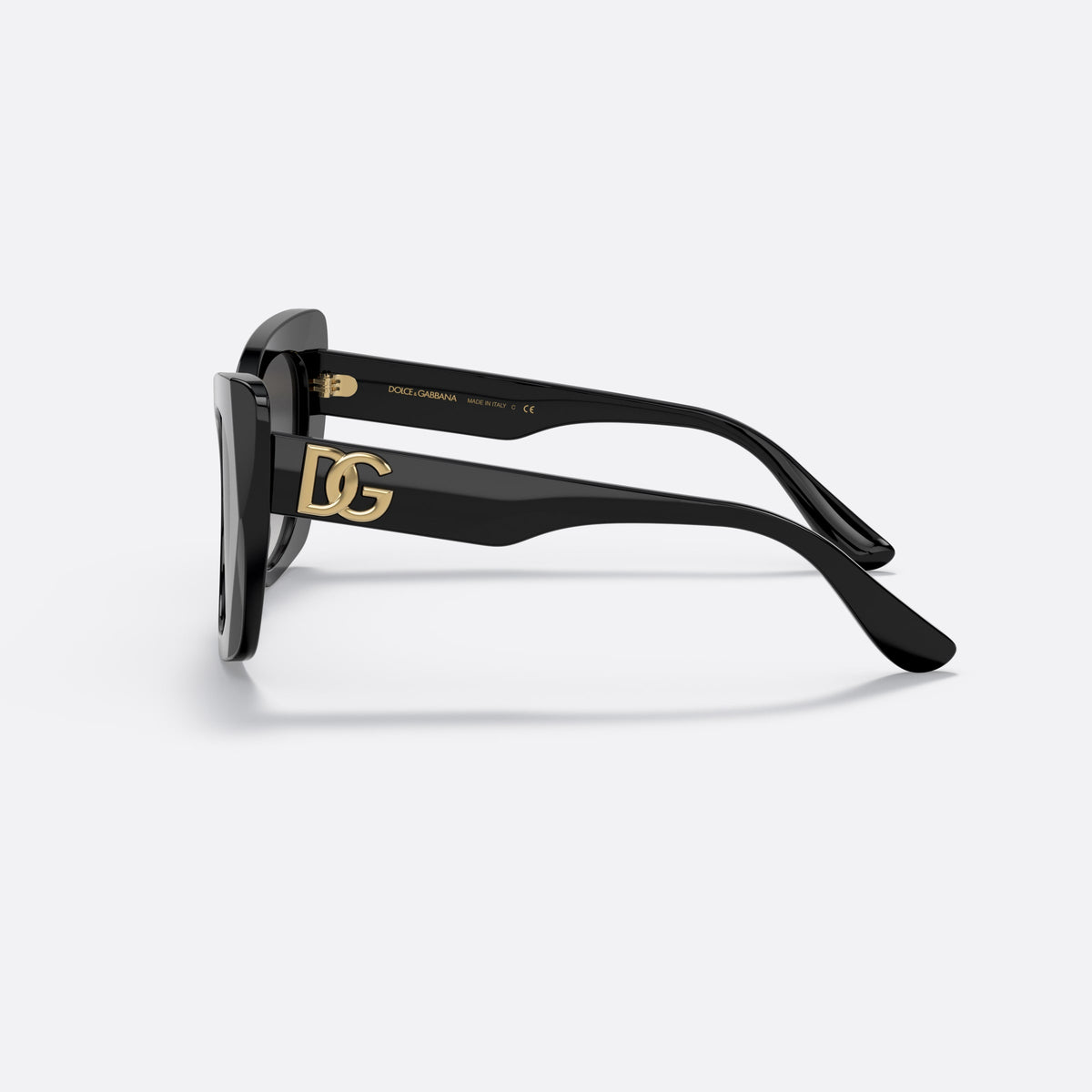 Dolce & Gabbana DG4405 501/8G sunglasses, black butterfly frame, unisex, plain bridge, brand logo on temple, wide tapered temples, side view