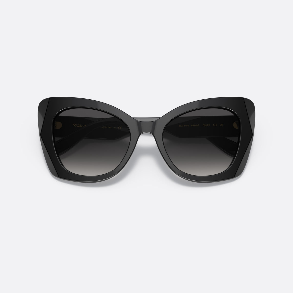 Dolce & Gabbana DG4405 501/8G sunglasses, black butterfly frame, unisex, plain bridge, brand logo on temple, wide tapered temples, folded