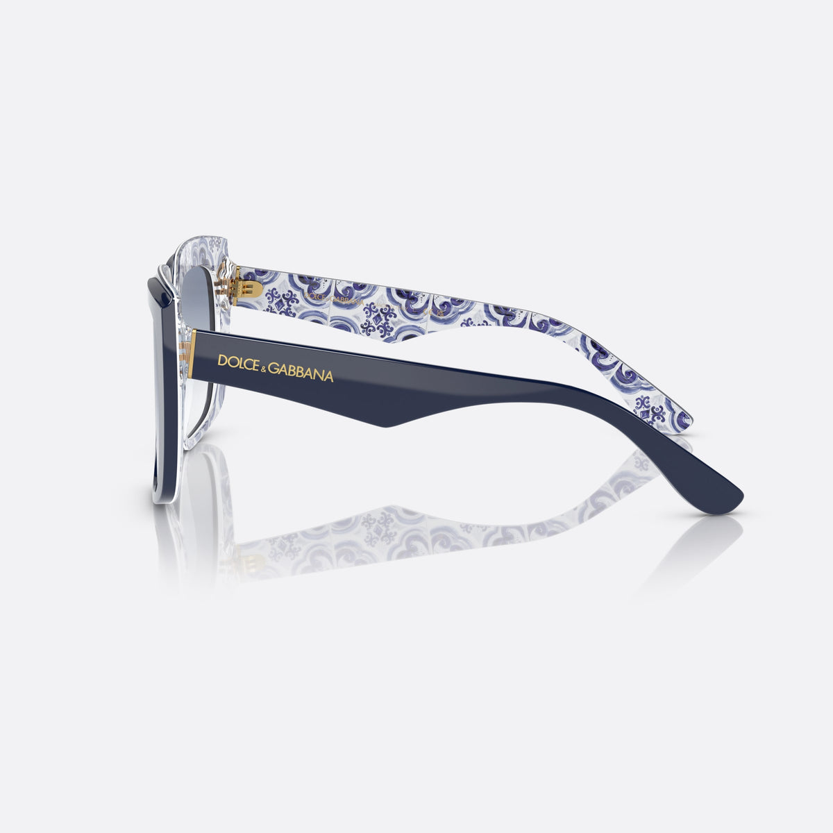 Dolce & Gabbana DG4414 341419 sunglasses, blue square frame for women, plain bridge, brand logo on temple, wide temples, side view