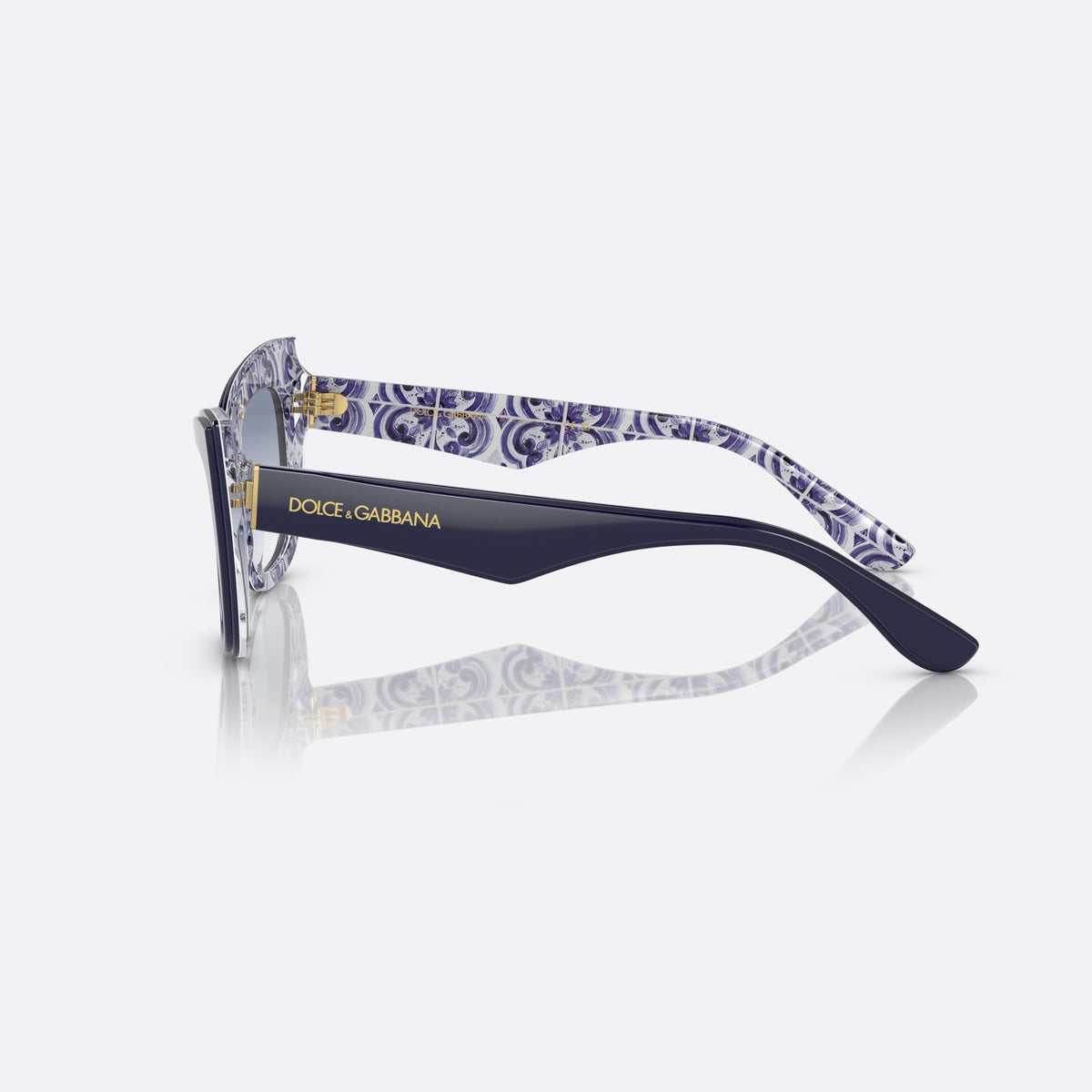 Dolce & Gabbana DG4417 341419 sunglasses, blue cat eye frame for women, plain bridge, integrated into frame, wide tapered temples, side view