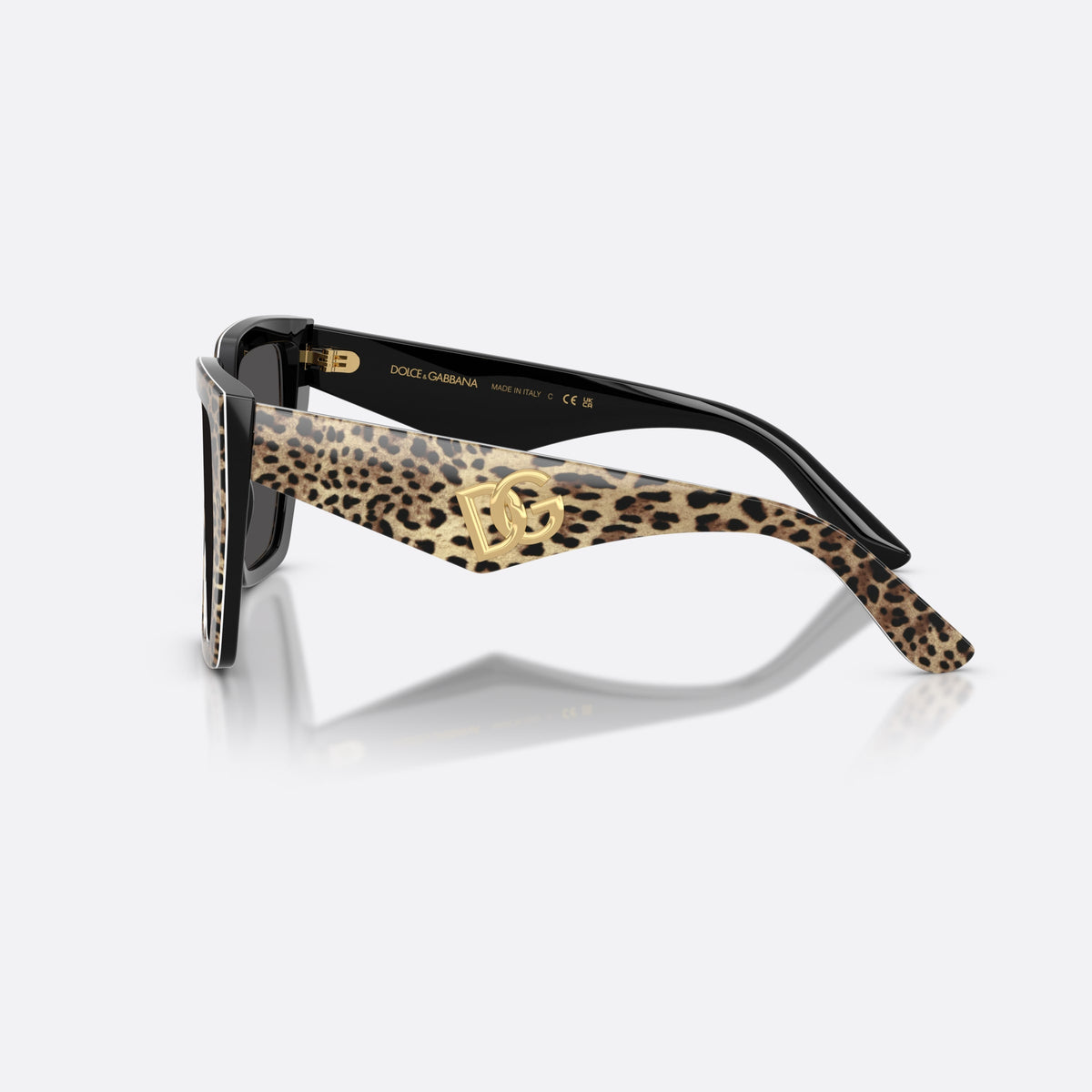 Dolce & Gabbana DG4438 316387 sunglasses, brown square frame for women, plain double bridge, gold-tone brand logo on temple, side view