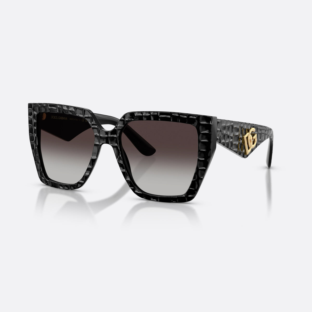Dolce & Gabbana DG4438 32888G sunglasses, black square frame for women, keyhole bridge, brand logo plaque on temple