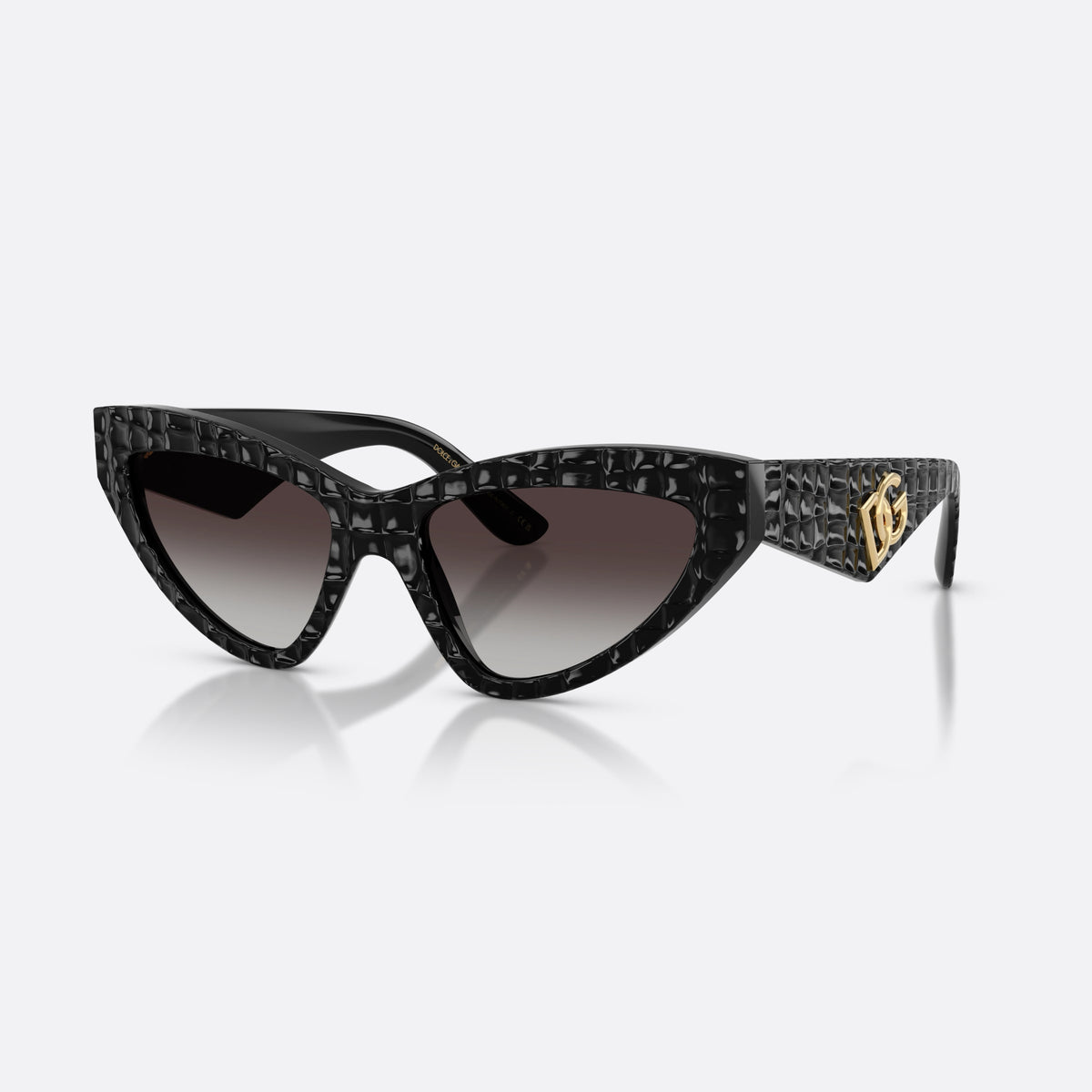Dolce & Gabbana DG4439 32888G sunglasses, black cat eye frame for women, plain bridge, brand logo on temples, wide tapered temples