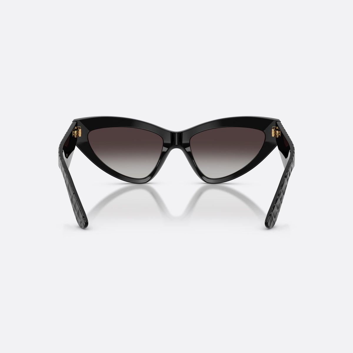 Dolce & Gabbana DG4439 32888G sunglasses, black cat eye frame for women, plain bridge, brand logo on temples, wide tapered temples, back view