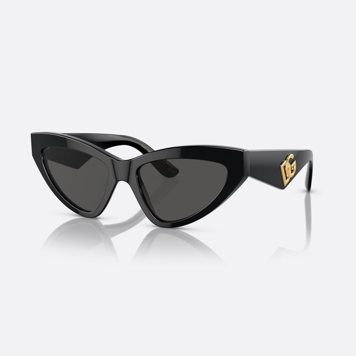 Dolce & Gabbana DG4439 501/87 sunglasses, black cat eye frame for women, plain bridge, brand logo plaque on temple