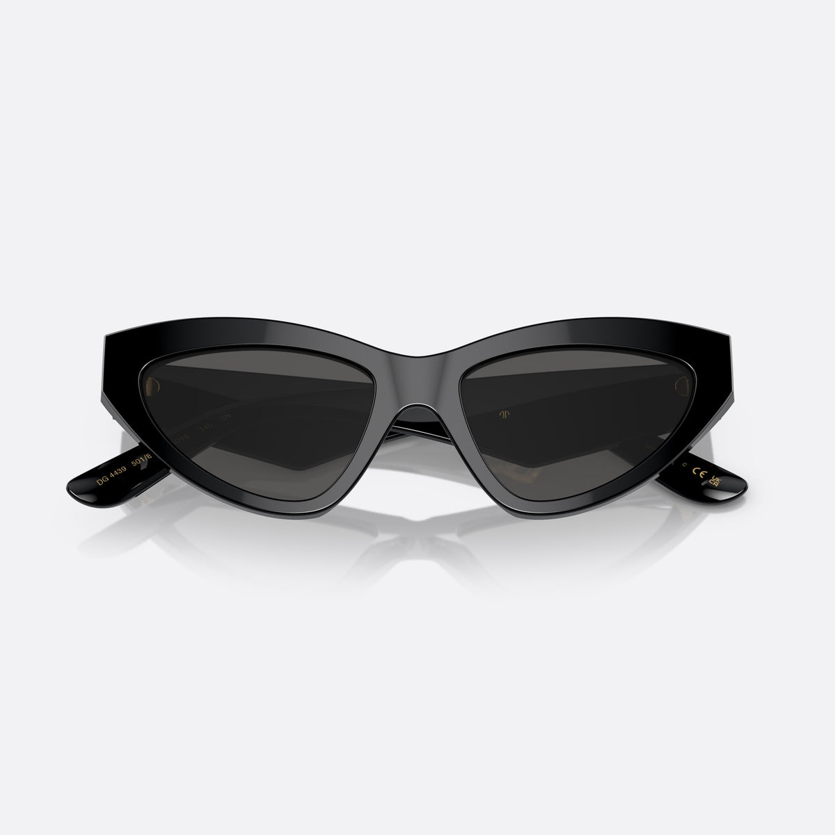 Dolce & Gabbana DG4439 501/87 sunglasses, black cat eye frame for women, plain bridge, brand logo plaque on temple, folded