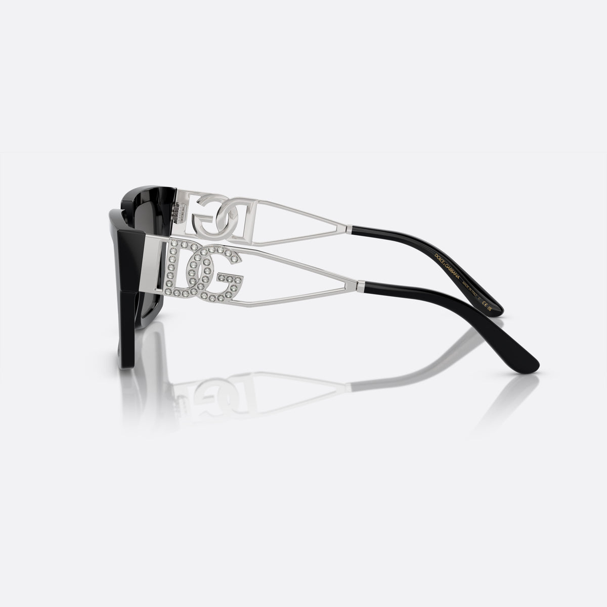 Dolce & Gabbana DG4446B 501/87 V sunglasses, black square frame for women, plain bridge, brand lettering on temples, full-rim frame, side view