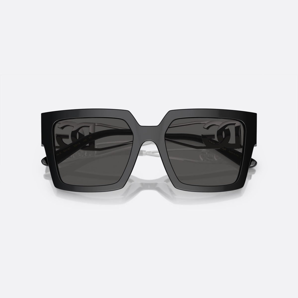 Dolce & Gabbana DG4446B 501/87 V sunglasses, black square frame for women, plain bridge, brand lettering on temples, full-rim frame, folded