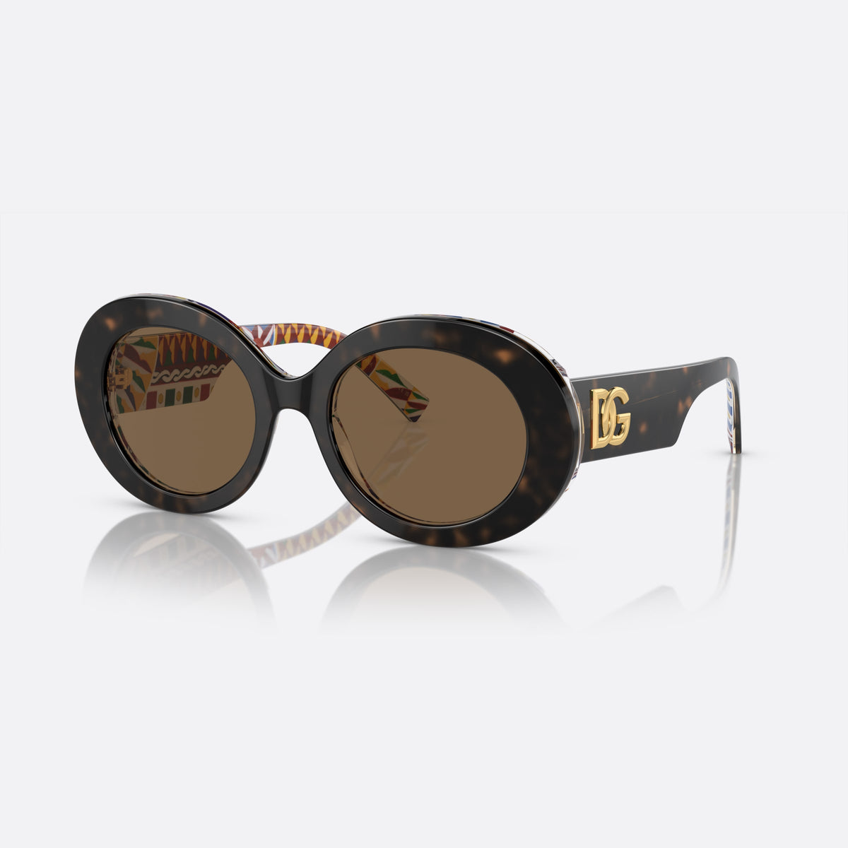 Ochelari de soare Dolce & Gabbana DG4448 3217/73 A, ovali țestoasă, pentru femei, punte simplă din acetat, placă cu logo-ul brandului pe braț