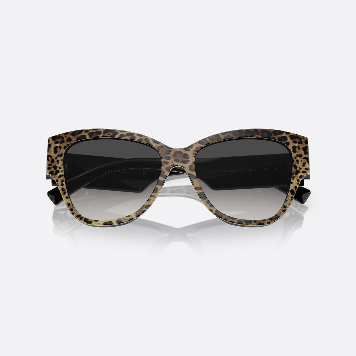 Dolce & Gabbana DG4449 3163/8G M sunglasses, black butterfly frame for women, keyhole bridge, brand logo plaque on temples, folded