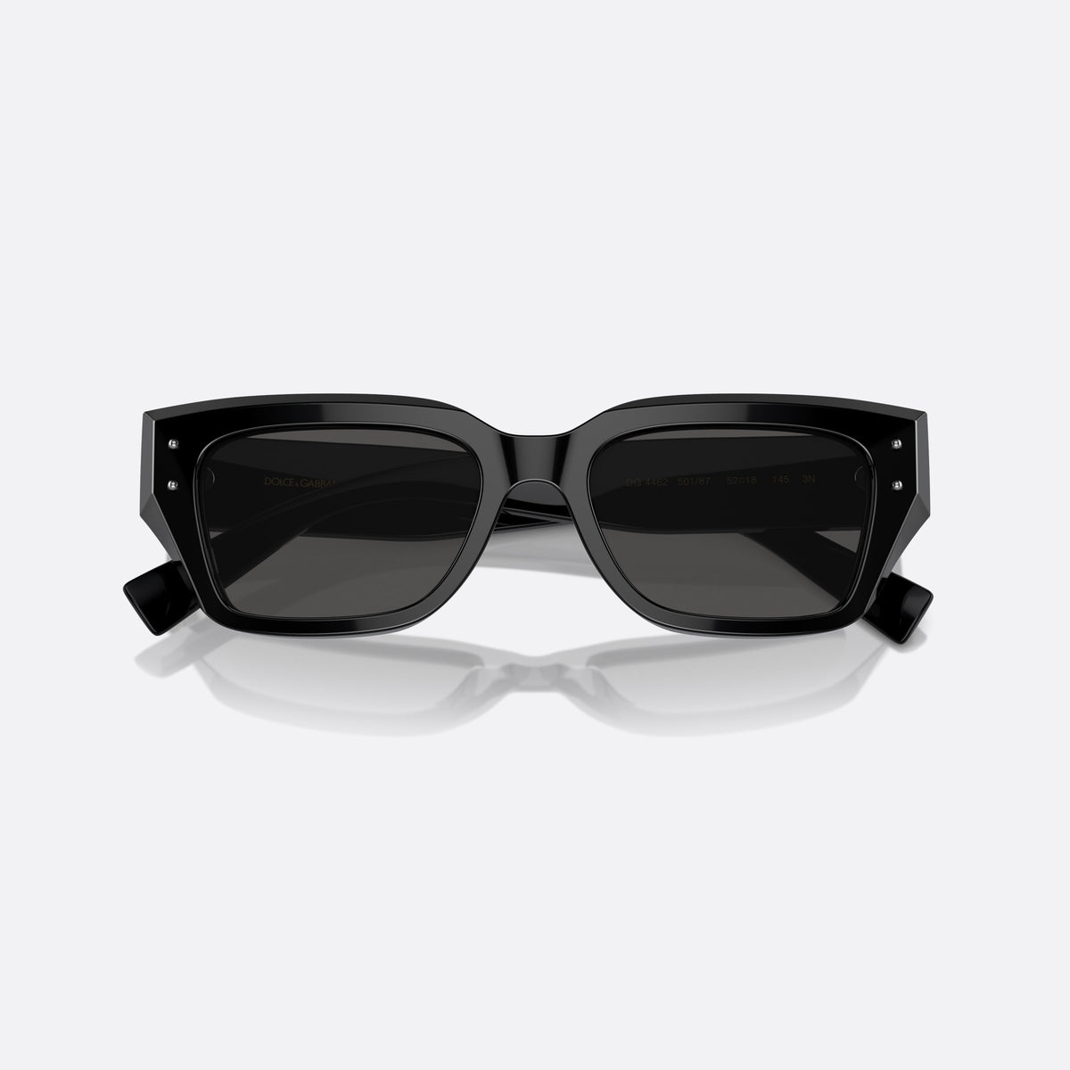 Dolce & Gabbana DG4462 501/87 sunglasses, black cat eye frame for women, plain bridge, brand lettering on temples, full rim