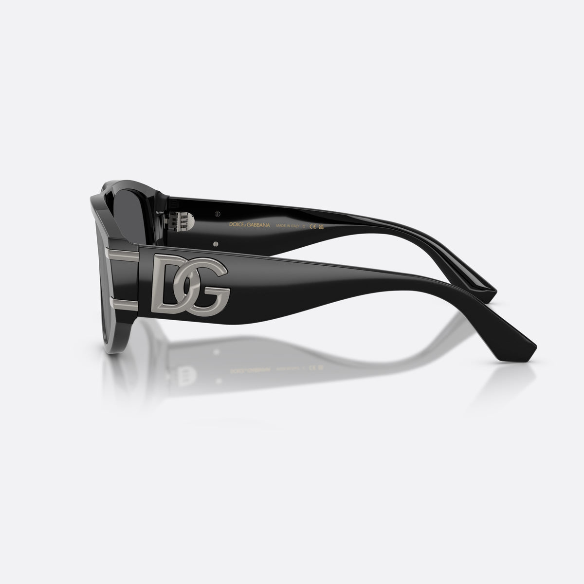 Dolce & Gabbana DG4499 501/6G sunglasses, black pilot frame for women, plain double bridge, brand logo on temples, side view