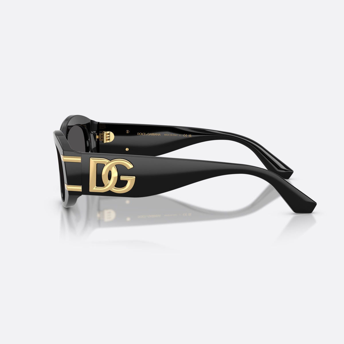 Dolce & Gabbana DG4502 501/87 sunglasses, black oval frame for women, plain bridge, brand logo on temple, full-rim frame, side view