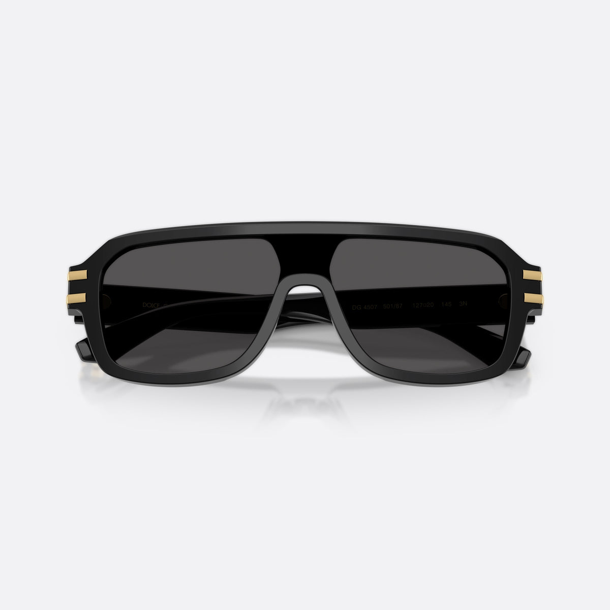 Dolce & Gabbana DG4507 501/87 sunglasses, black pilot frame for men, plain integrated bridge, brand logo on temple, folded