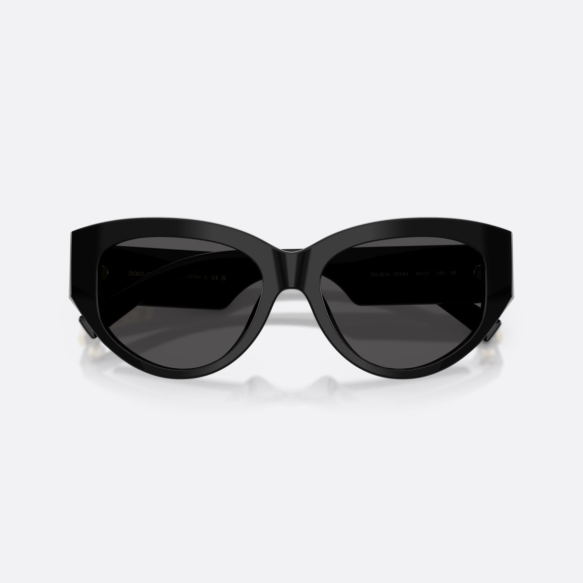 Dolce & Gabbana DG4514 501/87 sunglasses, black cat eye frame for women, plain bridge, brand logo on temple, wide temples with plaque, folded