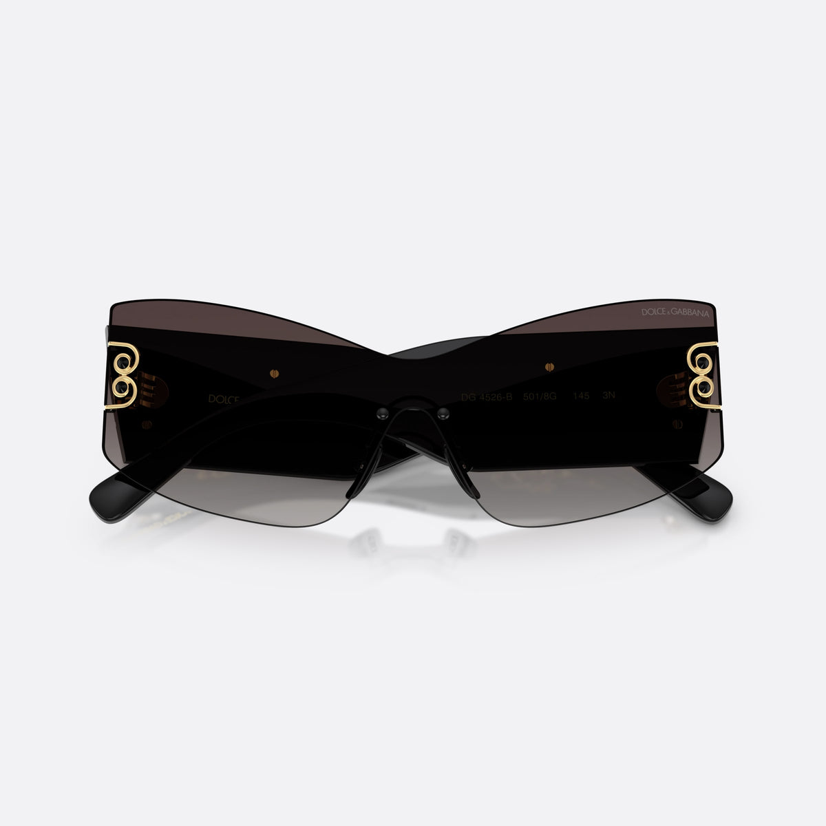 Dolce & Gabbana DG4526B 501/8G sunglasses, black cat eye frame for women, brand logo on temples, wide tapered temples, folded