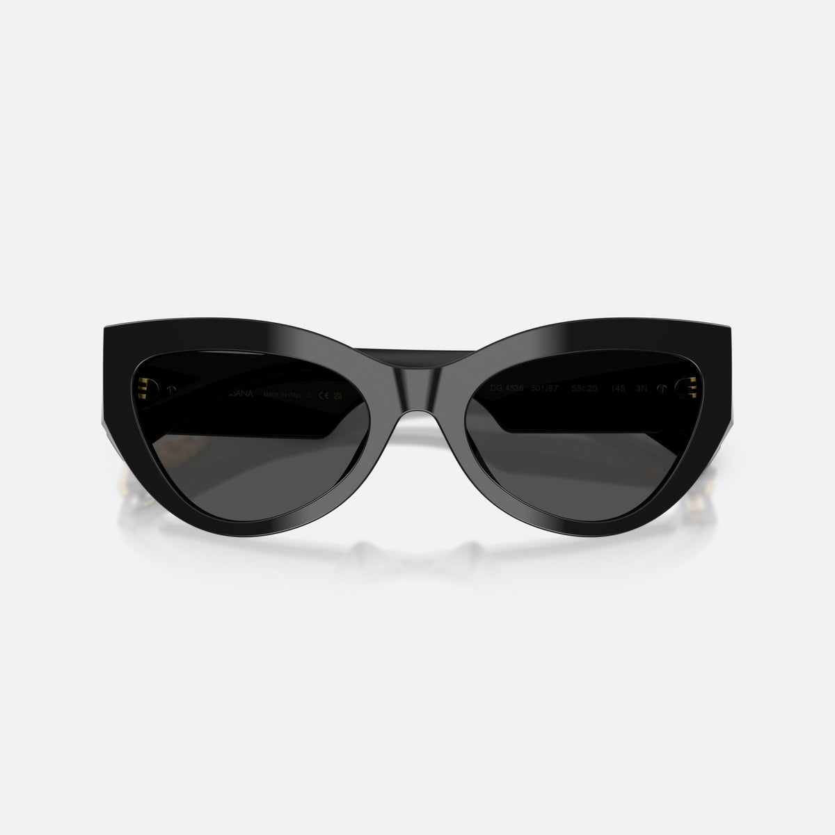 Dolce & Gabbana DG4536 501/87 sunglasses, black cat eye frame for women, plain bridge, brand lettering on temples, wide temples, folded