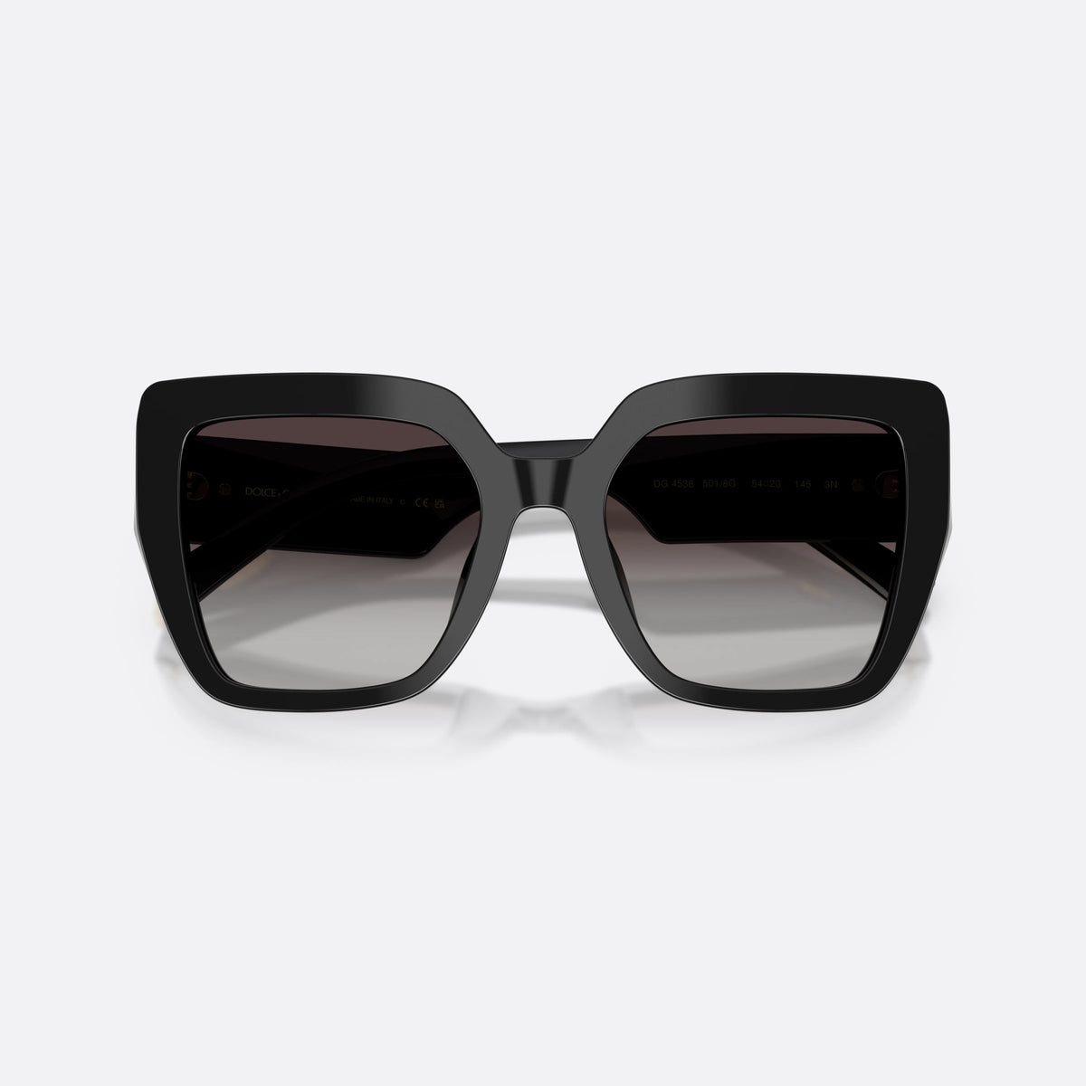 Dolce & Gabbana DG4538 501/8G sunglasses, black square frame for women, plain double bridge, brand logo on temples, folded