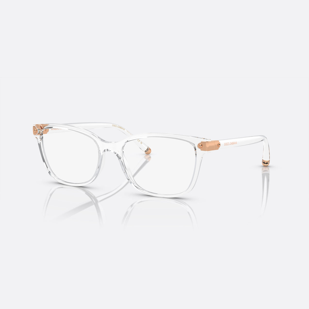 Dolce & Gabbana DG5036 3133 eyeglasses, clear butterfly frame for women, plain integrated bridge, brand lettering on temples
