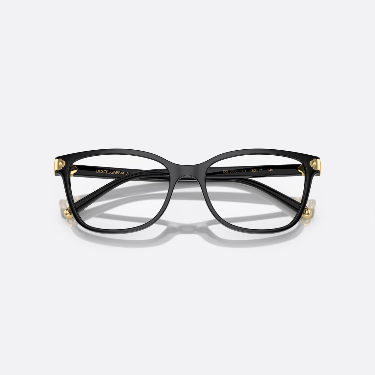 Dolce & Gabbana DG5036 501 eyeglasses, black butterfly frame for women, plain bridge with slim profile, brand lettering on temples
