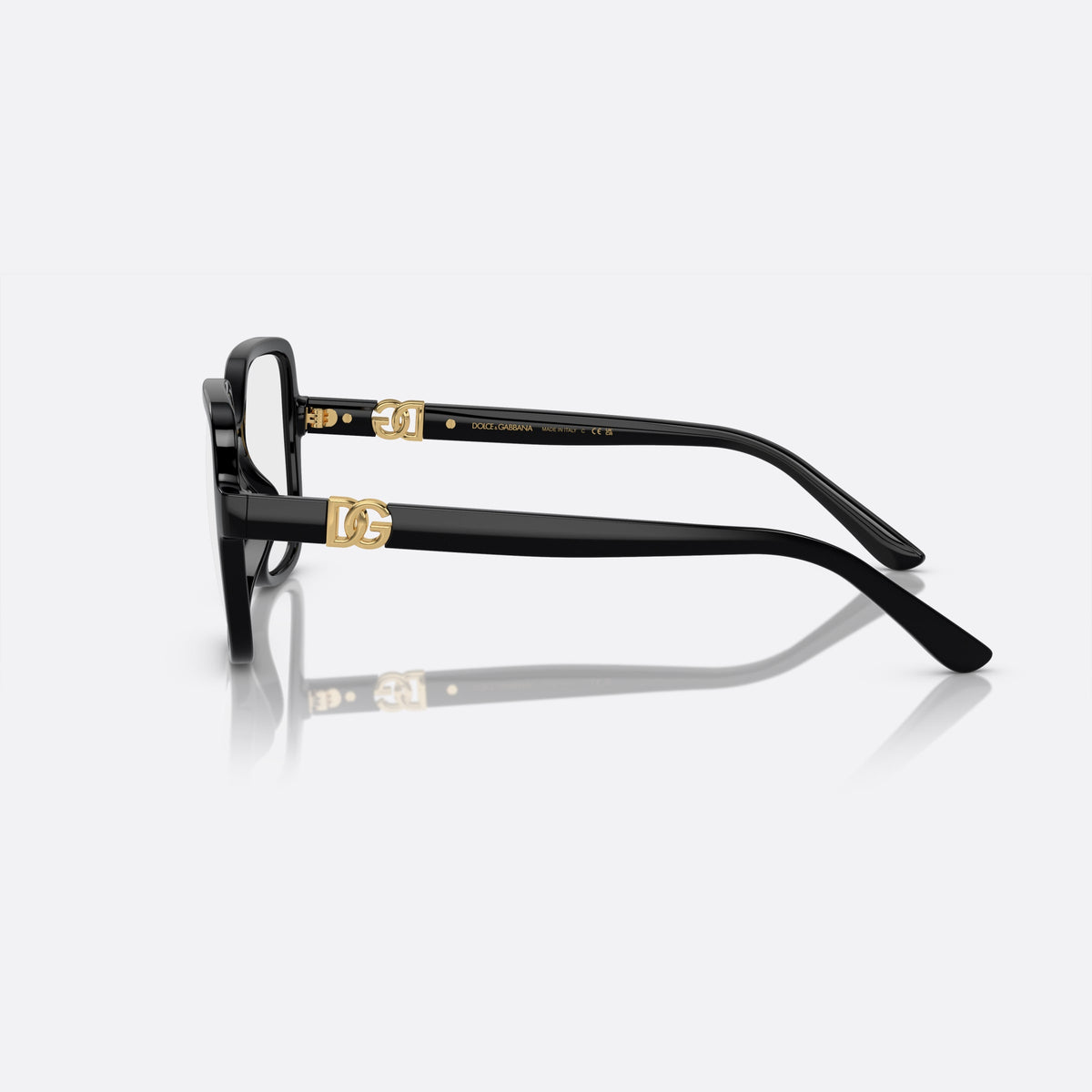 Dolce & Gabbana DG5105U 501 A eyeglasses, black oversize frame for women, plain integrated bridge, brand logo plaque on temples, side view