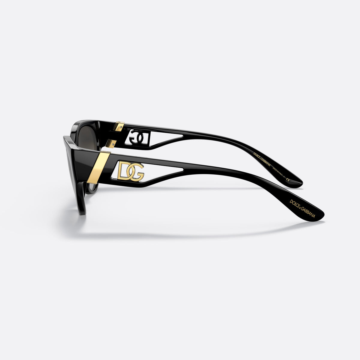 Ochelari de soare Dolce & Gabbana DG6146 501/8G, cat eye negru, pentru femei, punte simplă, logoul brandului pe placa de pe braț, vedere laterală