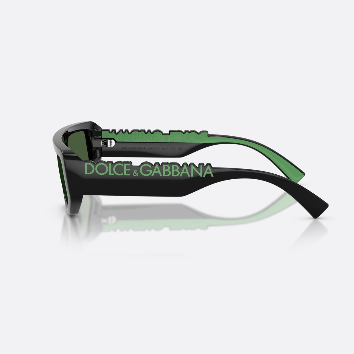 Dolce & Gabbana DG6203 501/71 sunglasses, black rectangle frame, unisex, keyhole bridge, brand lettering on the temples, side view