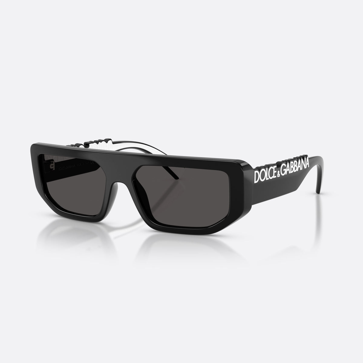 Dolce & Gabbana DG6203 501/87 sunglasses, black rectangle frame, unisex, plain integrated bridge, brand lettering on temple