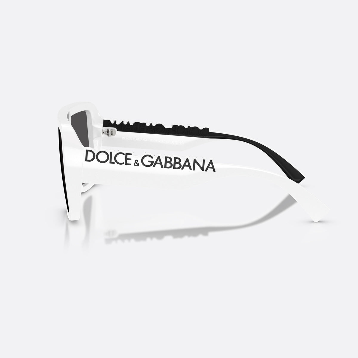 Dolce & Gabbana DG6204 331287 sunglasses, white rectangle frame, unisex, integrated bridge with central divider, black hinges, side view