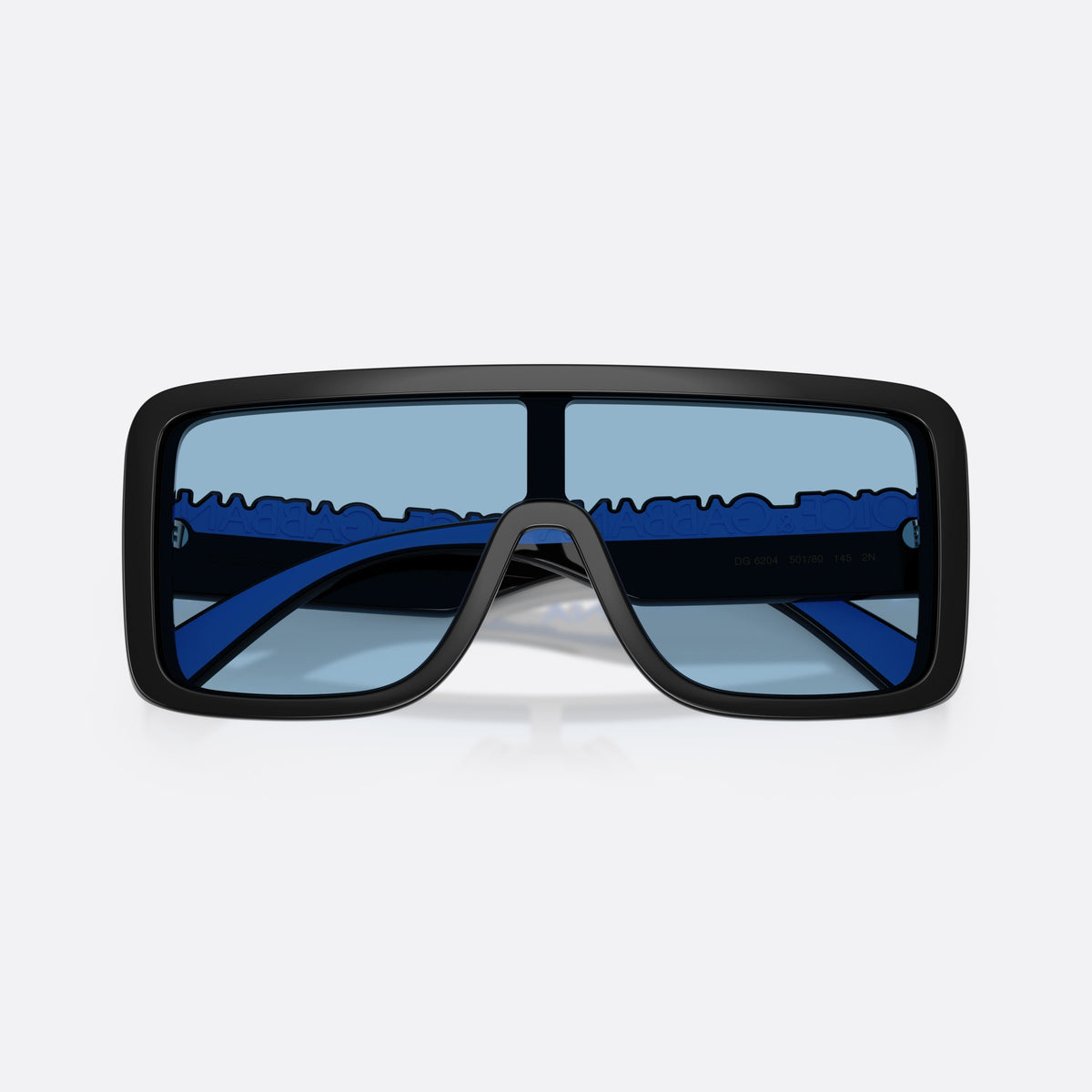 Dolce & Gabbana DG6204 501/80 sunglasses, black rectangle frame, unisex, single narrow central bridge, brand lettering on temples, folded