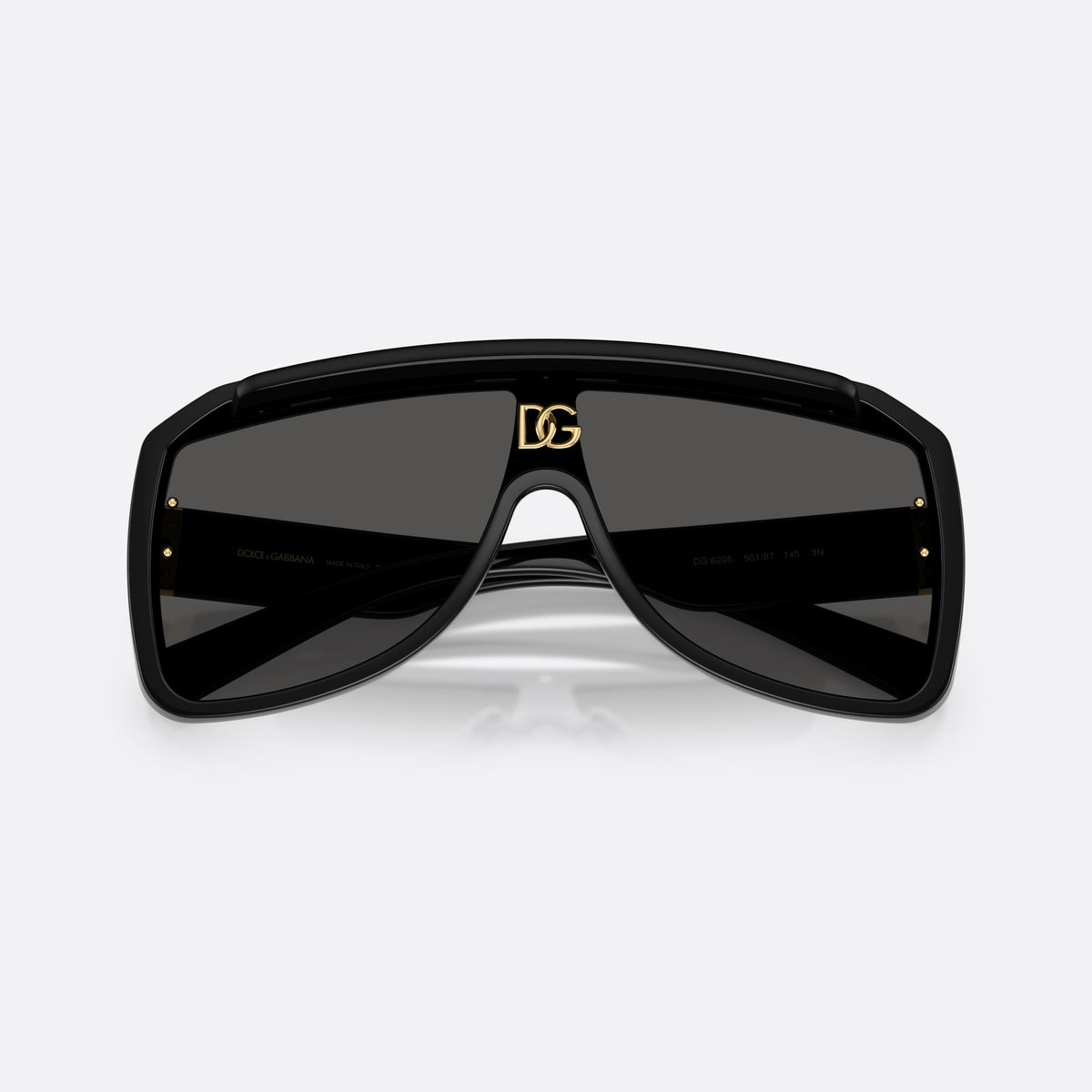 Dolce & Gabbana DG6205 501/87 sunglasses, black pilot frame, unisex, integrated bridge with logo plaque, brand logo on bridge, folded