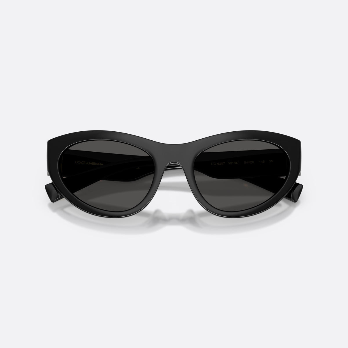 Ochelari de soare Dolce & Gabbana DG6207 501/87, cat eye negru, pentru femei, punte integrată simplă, logo al brandului pe braț, cu brațele pliate