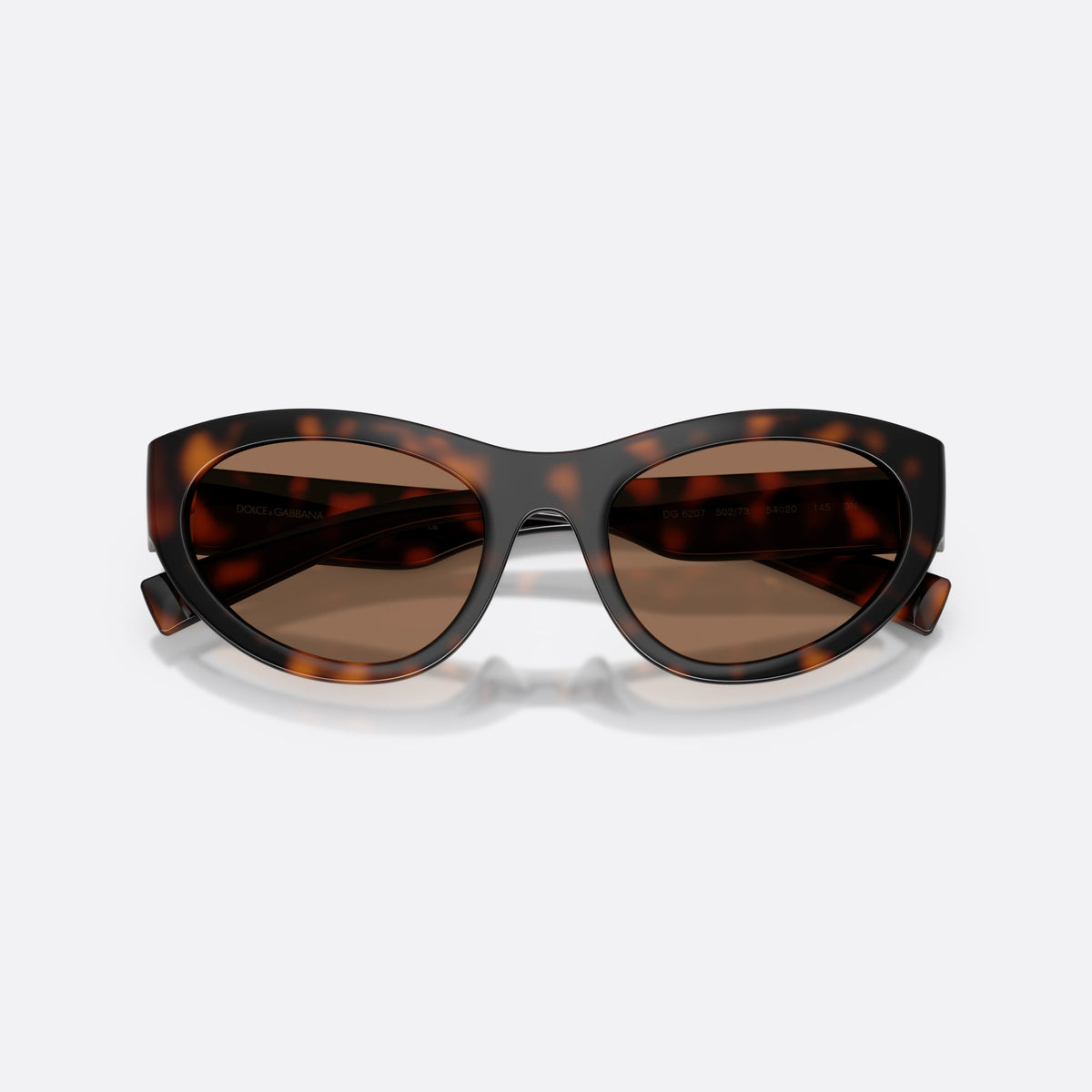 Dolce & Gabbana DG6207 502/73 sunglasses, havana cat eye frame for women, brand logo plaque on temple, full-rim thick frame, folded