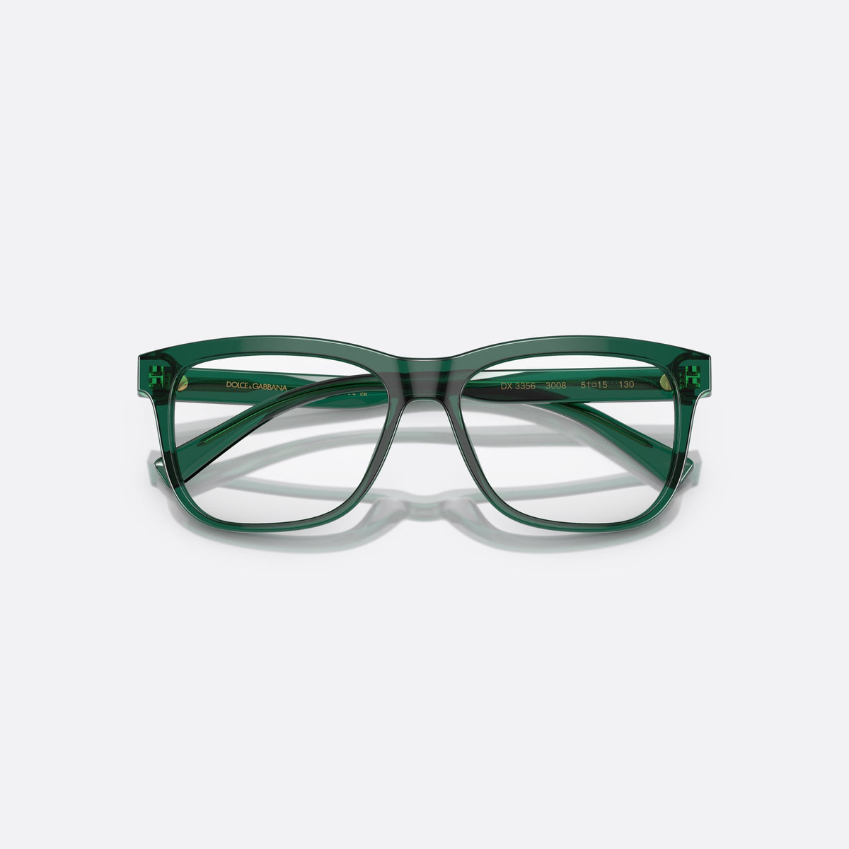 Dolce & Gabbana DX3356 3008 eyeglasses, green rectangle frame for kids, plain bridge, brand lettering on temples, full-rim frame, folded