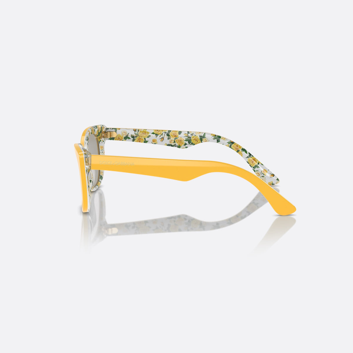 Dolce & Gabbana DX4427 34437J sunglasses, yellow cat eye frame for kids, plain bridge, slim tapered temples, full-rim frame, side view