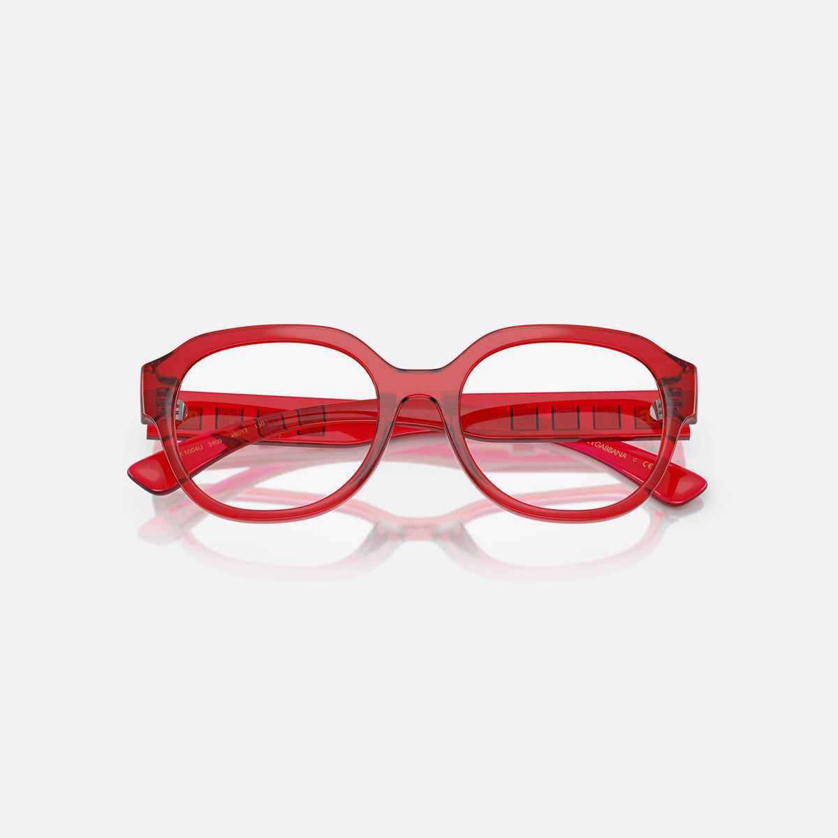 Dolce & Gabbana DX5004U 3409 eyeglasses, red round frame for kids, plain bridge, brand logo on temples, folded