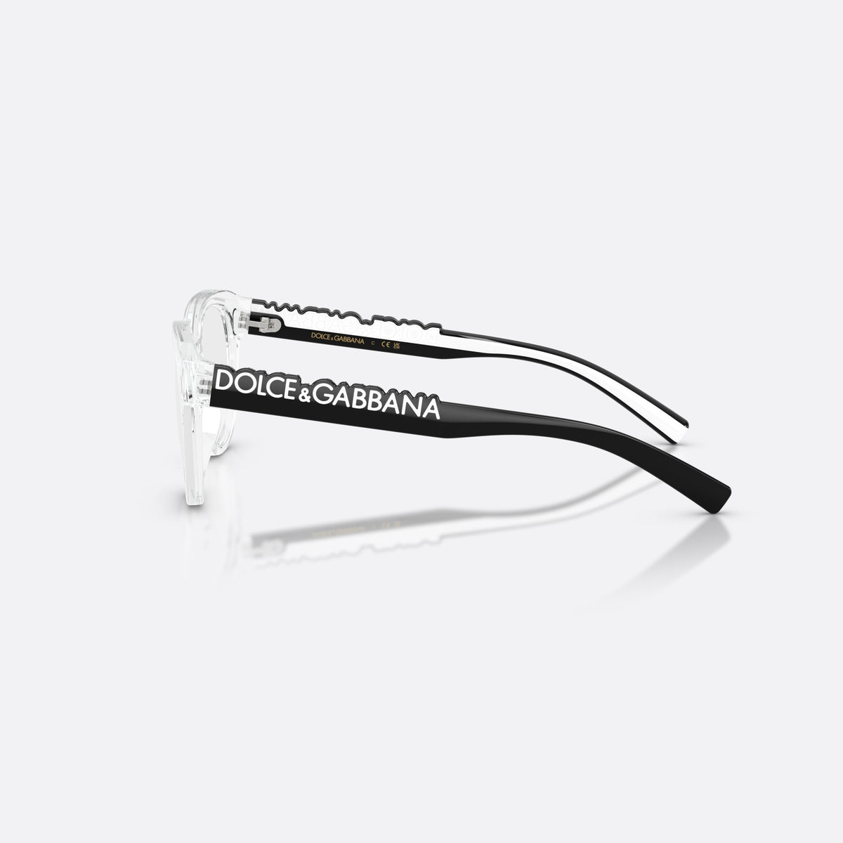 Dolce & Gabbana DX5007 3133 eyeglasses, clear phantos frame for kids, plain bridge, brand lettering on temples, side view