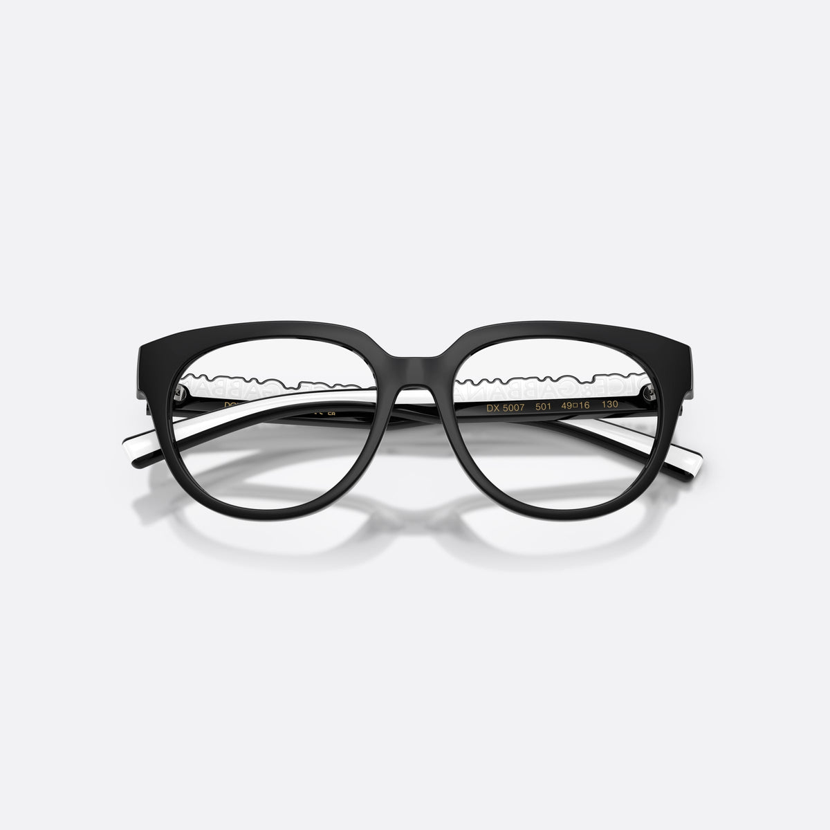 Dolce & Gabbana DX5007 501 eyeglasses, black phantos frame for kids, plain double bridge, brand lettering on temples, folded