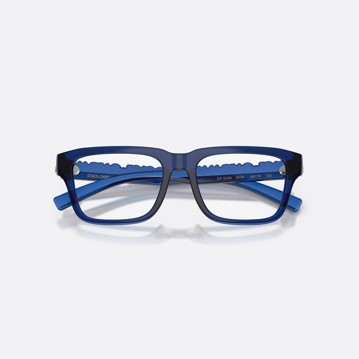 Dolce & Gabbana DX5008 3009 eyeglasses, blue rectangle frame for kids, plain bridge, brand lettering on temples, full-rim frame, folded